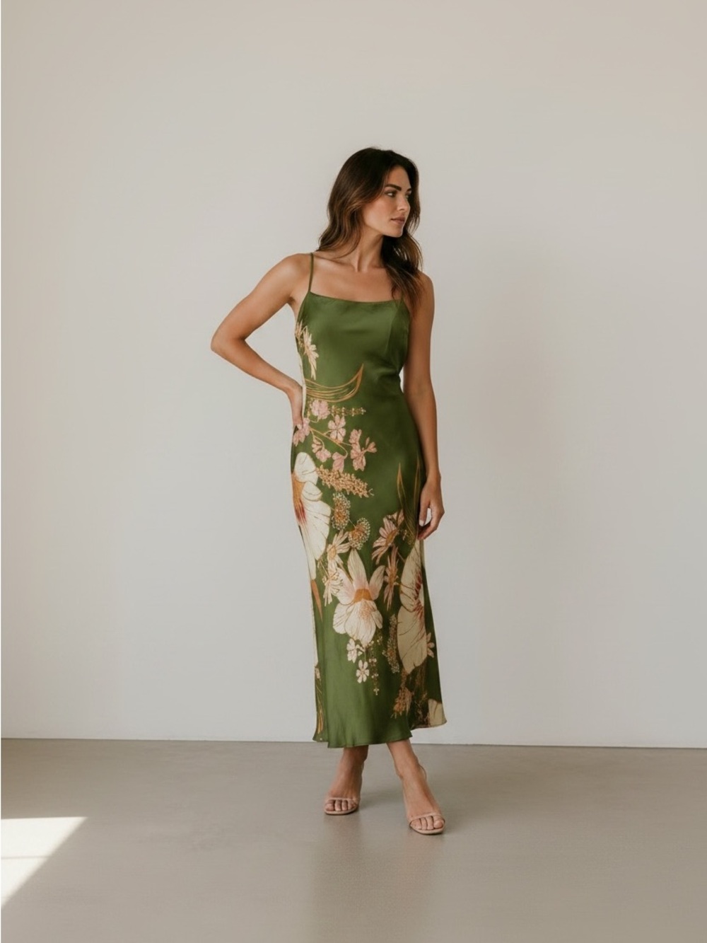NWT FARM Rio for Anthropologie Green Floral Satin Slip Maxi Dress Size M